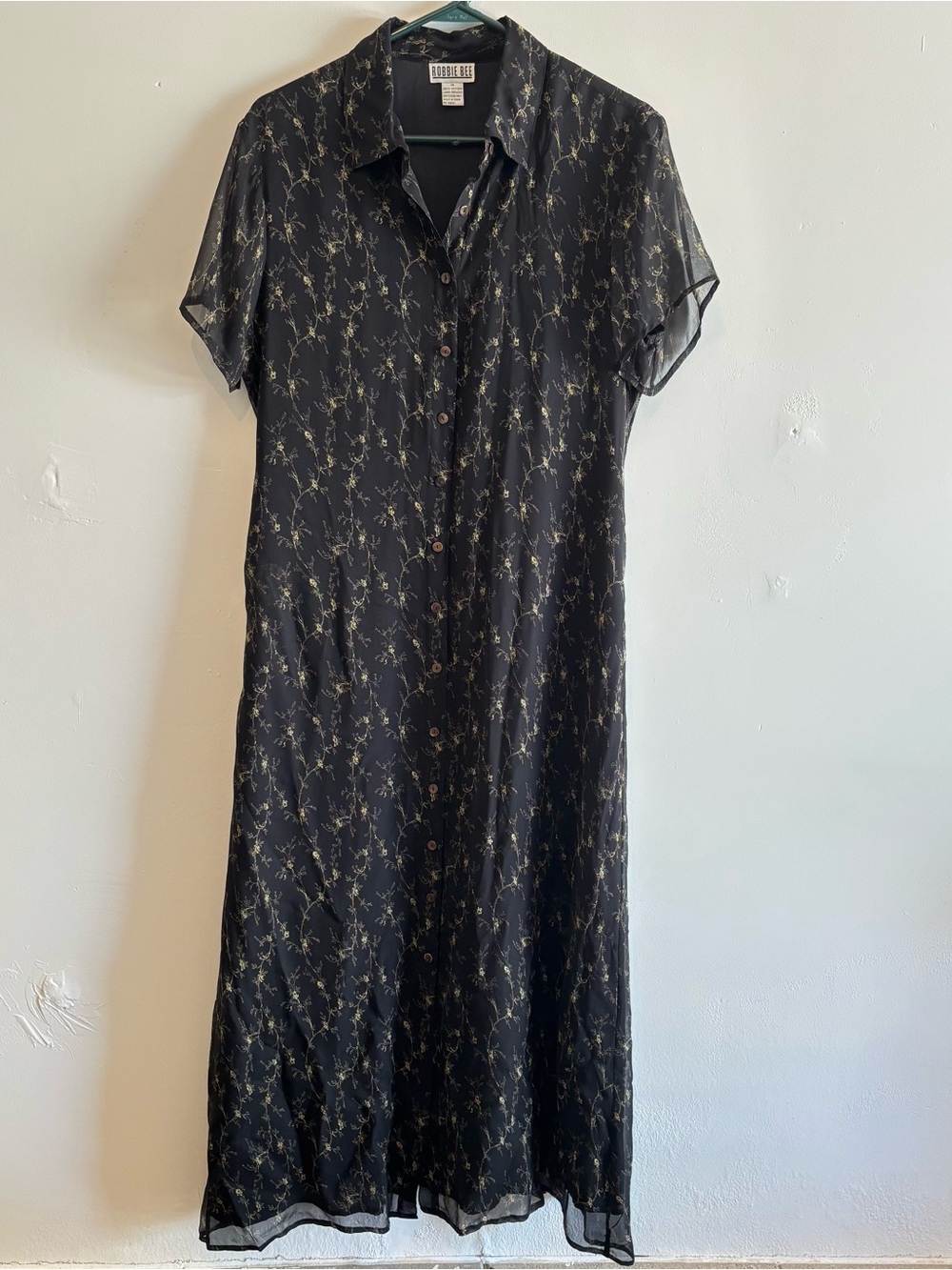 Robbie Bee 100% Silk Black Midi Shirt Dress with Gold Vine Print